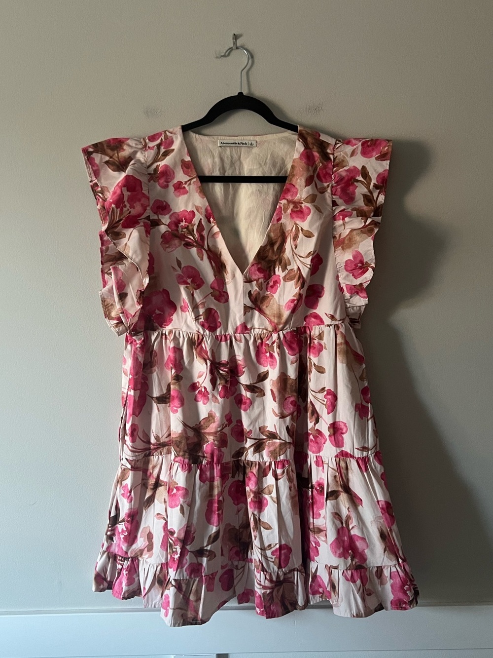 Abercrombie & Fitch Floral Mini Dress L Pink Flutter Sleeve Cottagecore